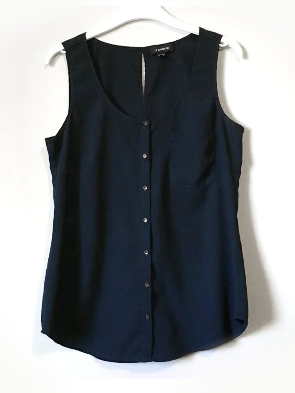 Le Chateau Dark Navy Blue Chiffon Metallic Button Up Tank Small Office Siren